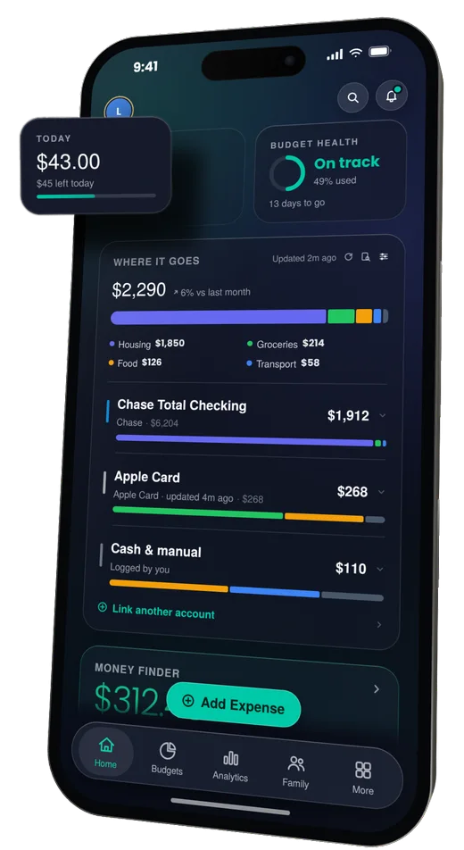 Bank sync: where it goes, with Chase, Apple Card and cash accounts listed.