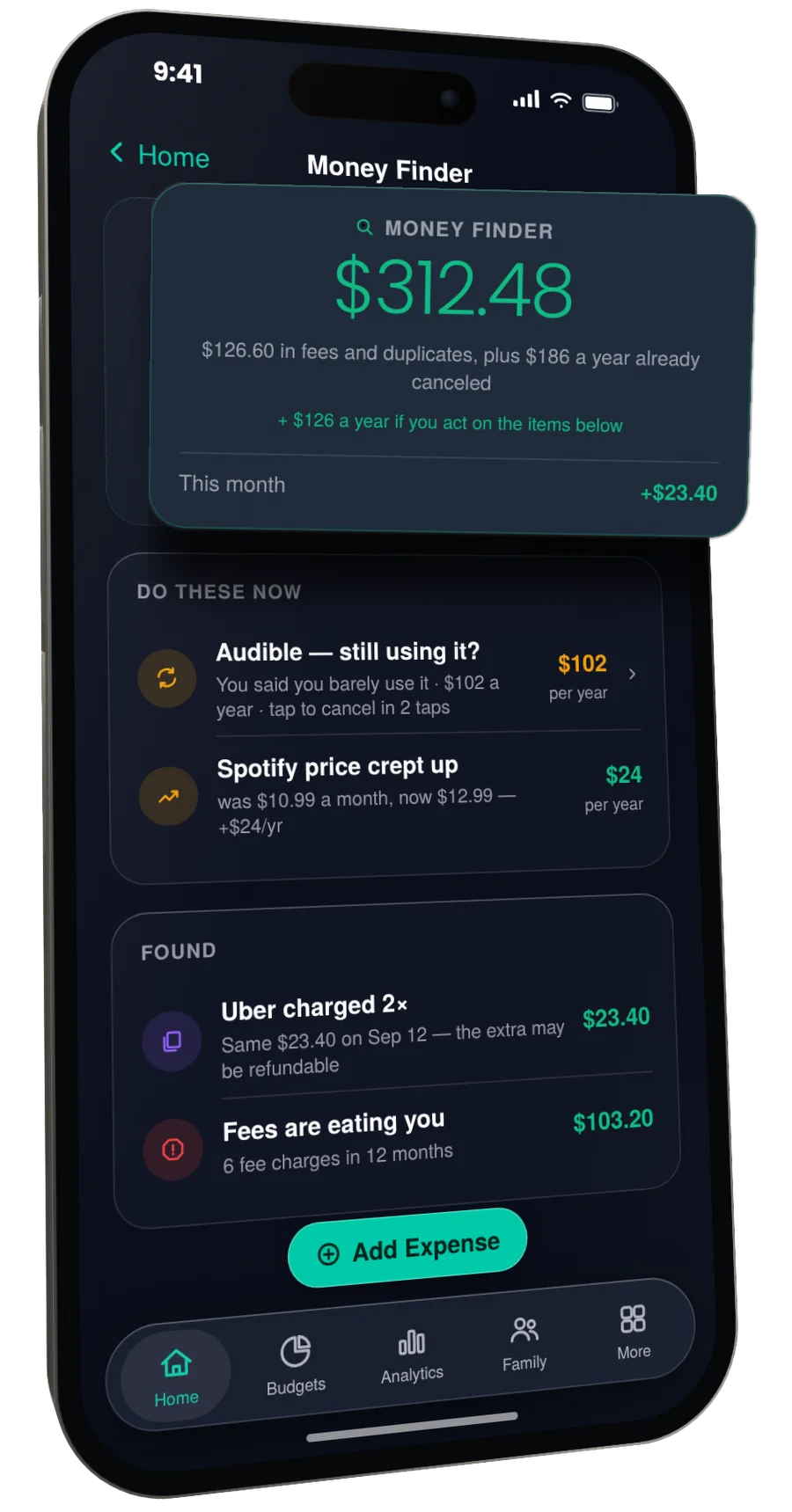 Money Finder: the money found this month, with the items to act on.