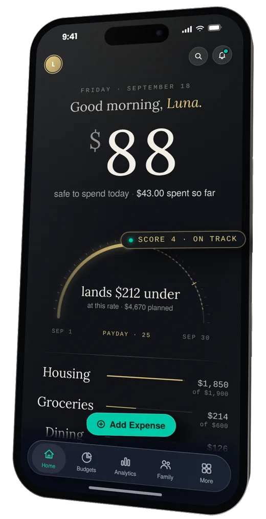 The Page: the safe-to-spend number, the month's arc, and the budgets beneath it.