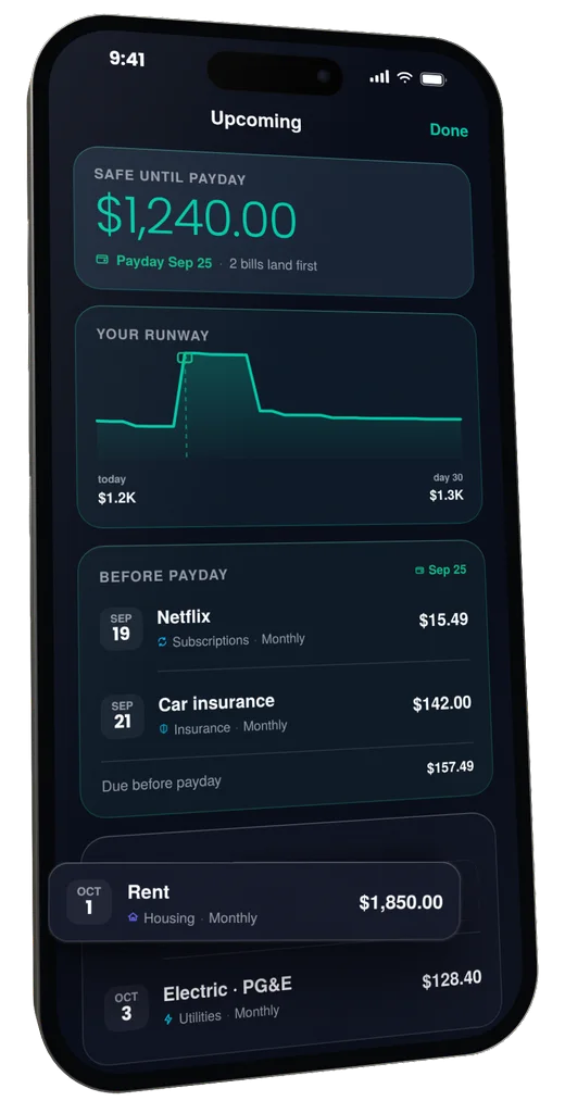 Runway: safe until payday, every bill before payday listed day by day.